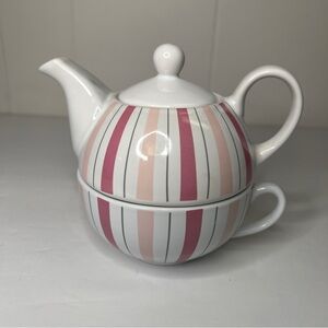 Collectable Hand Painted Pinstripe Graphic With Cancer Ribbon Tea Pot for One